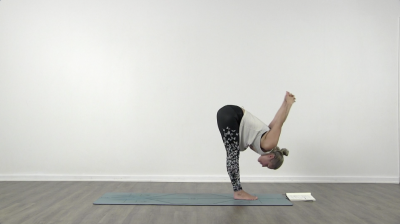 Yogi is practising yoga on a blue yoga mat on white background