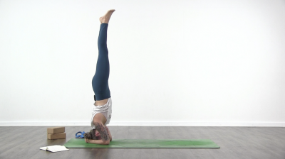 Yogi is practising yoga on a blue yoga mat on white background