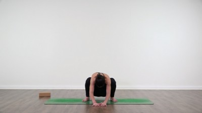 Yoga teacher performing yoga posture on green yoga mat on white background
