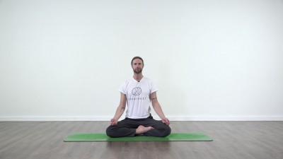 Yoga teacher performing yoga posture on green yoga mat on white background